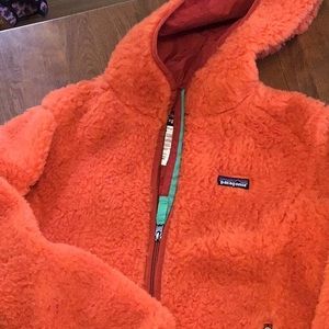 Patagonia orange hooded teddy bear fleece jacket